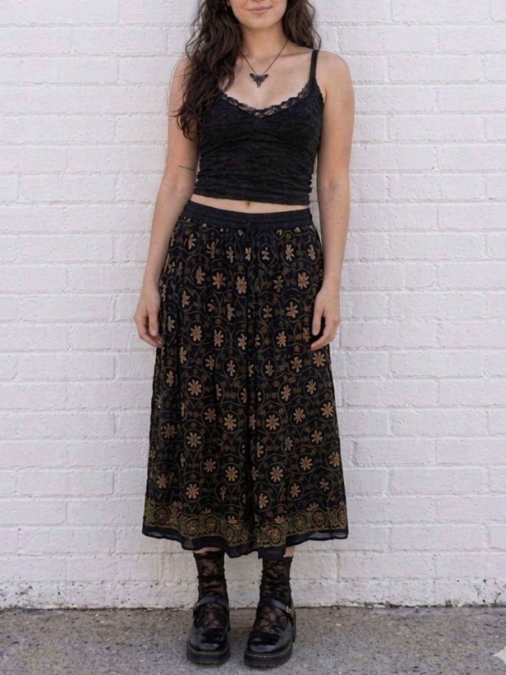 Vintage 90s Whimsigoth Floral Midi Skirt Boho Grunge Skirt Size Medium